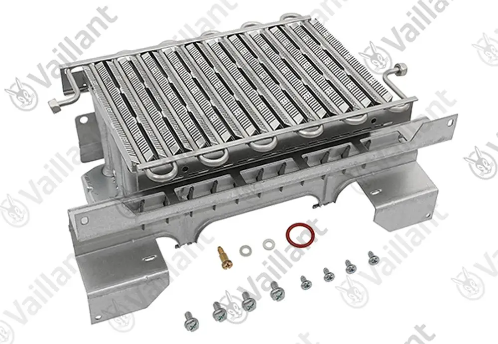 Vaillant Brenner aus Metall mit mehreren Röhren, montiert auf einer Grundplatte, umgeben von Schrauben und Dichtungen.